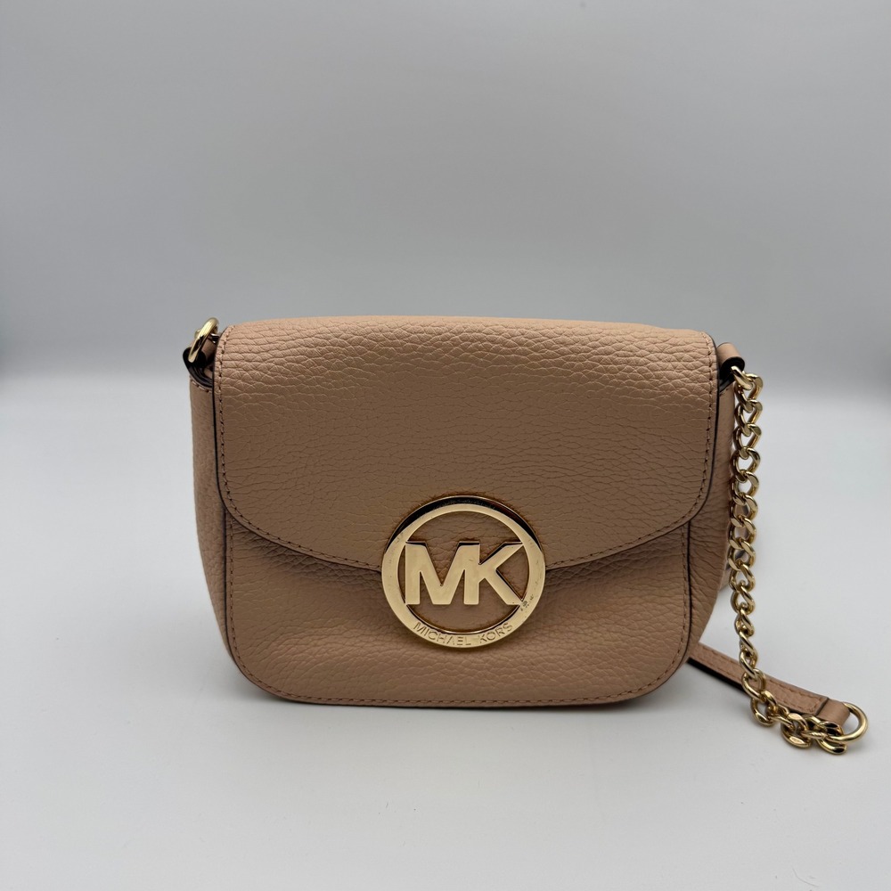 Michael Kors Crossbody Purse Leather Beige Gold Chain Small Bag
